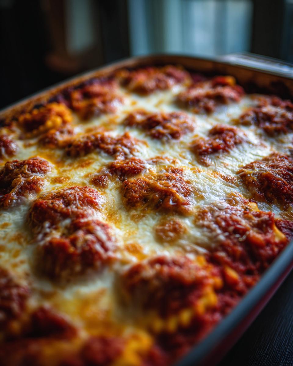Close-up of a bubbly, cheesy ravioli bake fresh from the oven, a perfect easy dinner recipe.