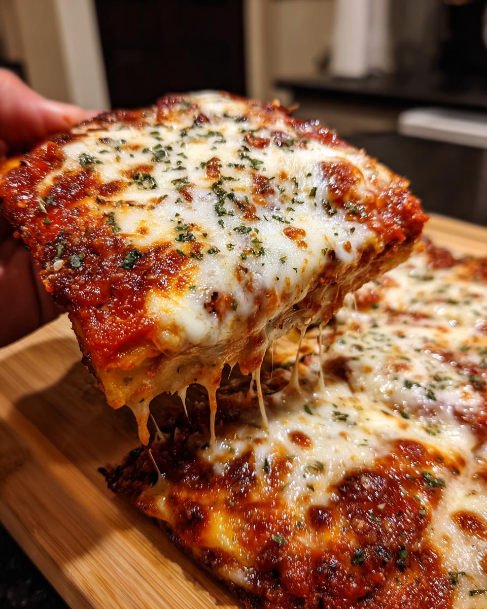 A slice of cheesy ravioli bake being lifted, with melted mozzarella strings stretching, sprinkled with herbs.