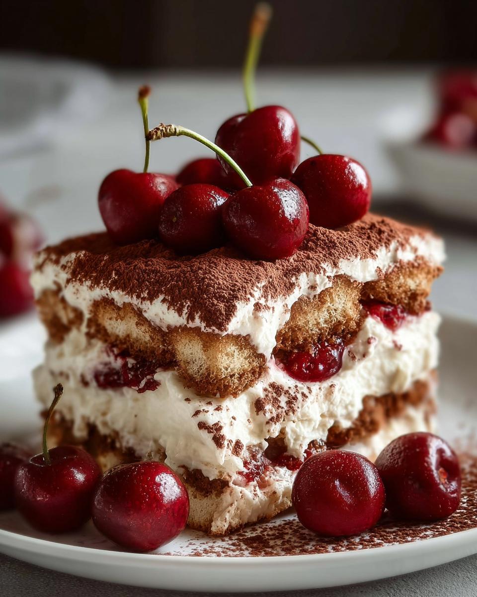 A slice of Cherry Amaretto Tiramisu topped with fresh cherries and dusted with cocoa powder.