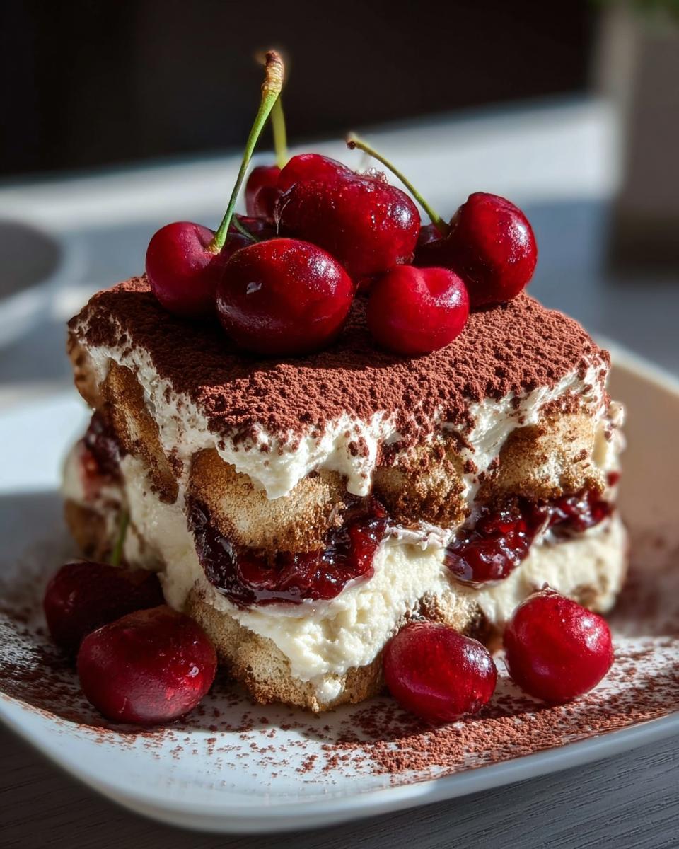 A decadent slice of Cherry Amaretto Tiramisu topped with fresh cherries and dusted with cocoa powder.