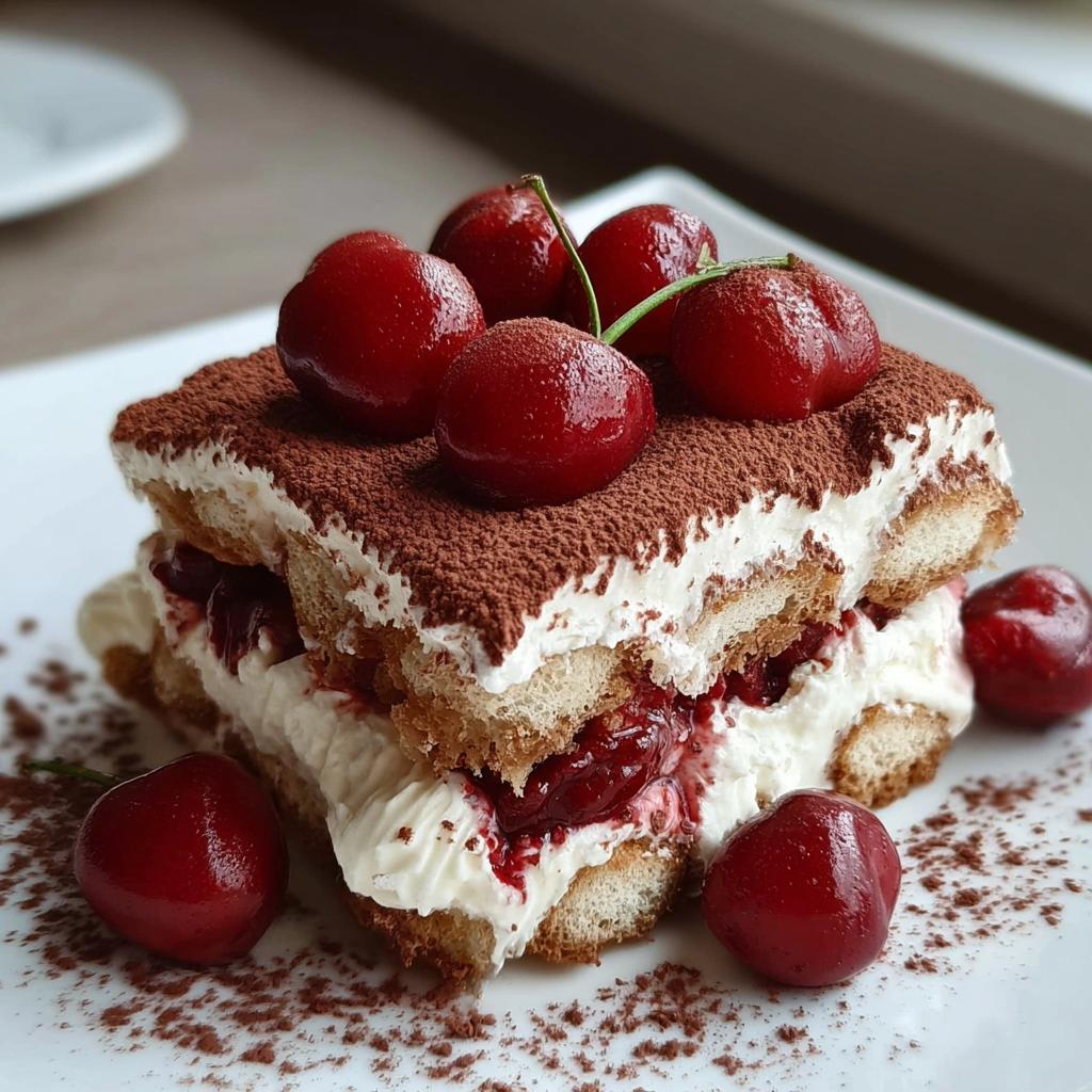 A decadent slice of Cherry Amaretto Tiramisu, layered with ladyfingers, cream, and cherries, topped with cocoa powder and fresh cherries.