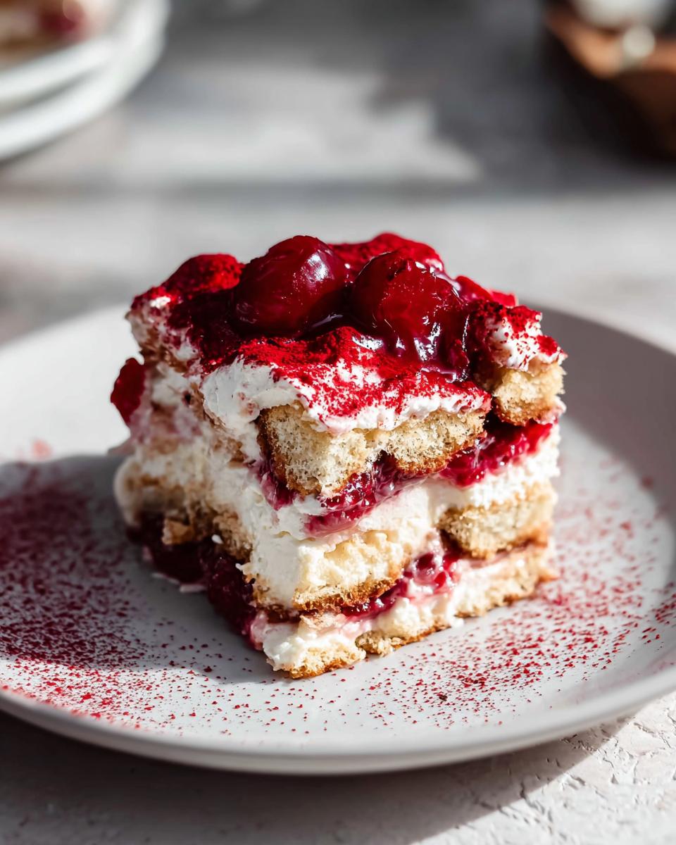 A decadent slice of Cherry Amaretto Tiramisu, layered with ladyfingers, cream, cherry filling, and topped with fresh cherries and cocoa powder.