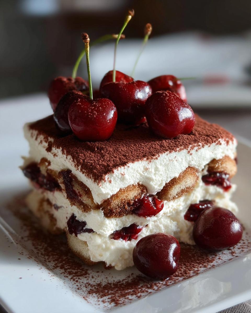 A decadent slice of Cherry Amaretto Tiramisu, layered with ladyfingers, cream, cherries, and dusted with cocoa powder, topped with fresh cherries.