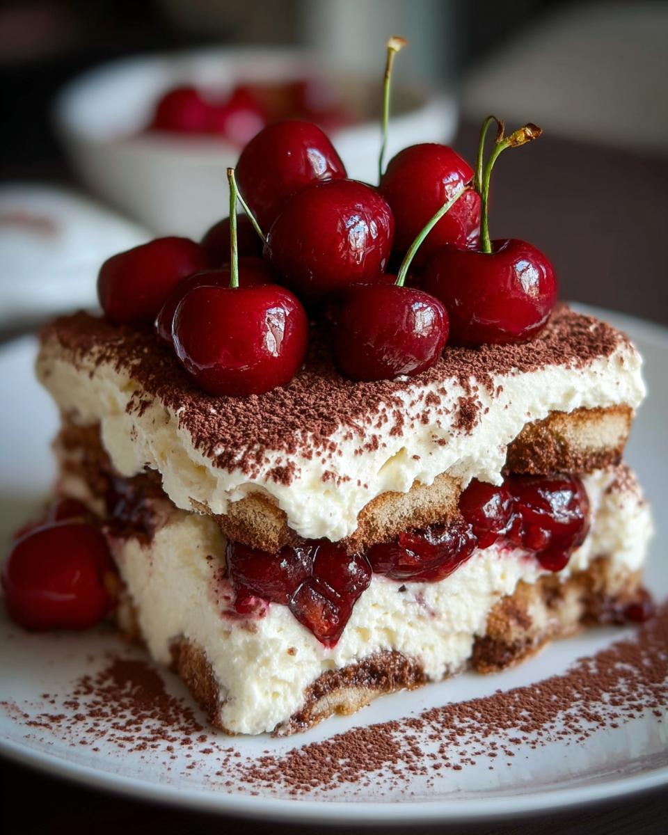 A decadent slice of Cherry Amaretto Tiramisu topped with fresh cherries and dusted with cocoa powder.