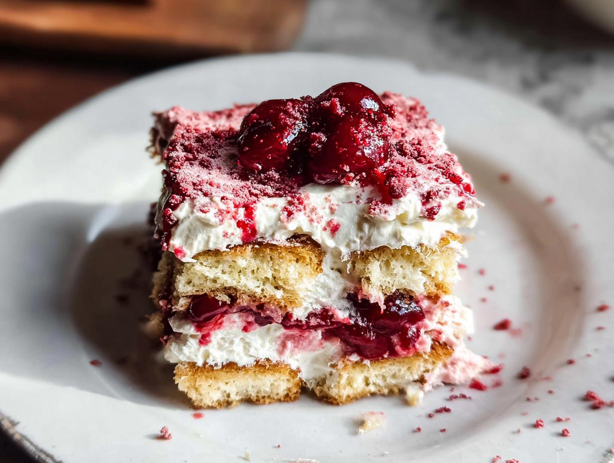 A delicious slice of Cherry Amaretto Tiramisu, layered with ladyfingers, cream, and cherries, topped with a cherry.