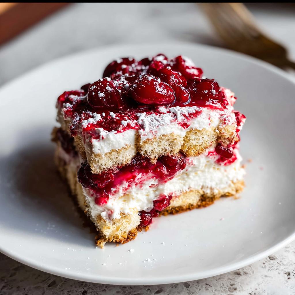 A delicious slice of Cherry Amaretto Tiramisu on a white plate, layered with ladyfingers, cream, and cherries.
