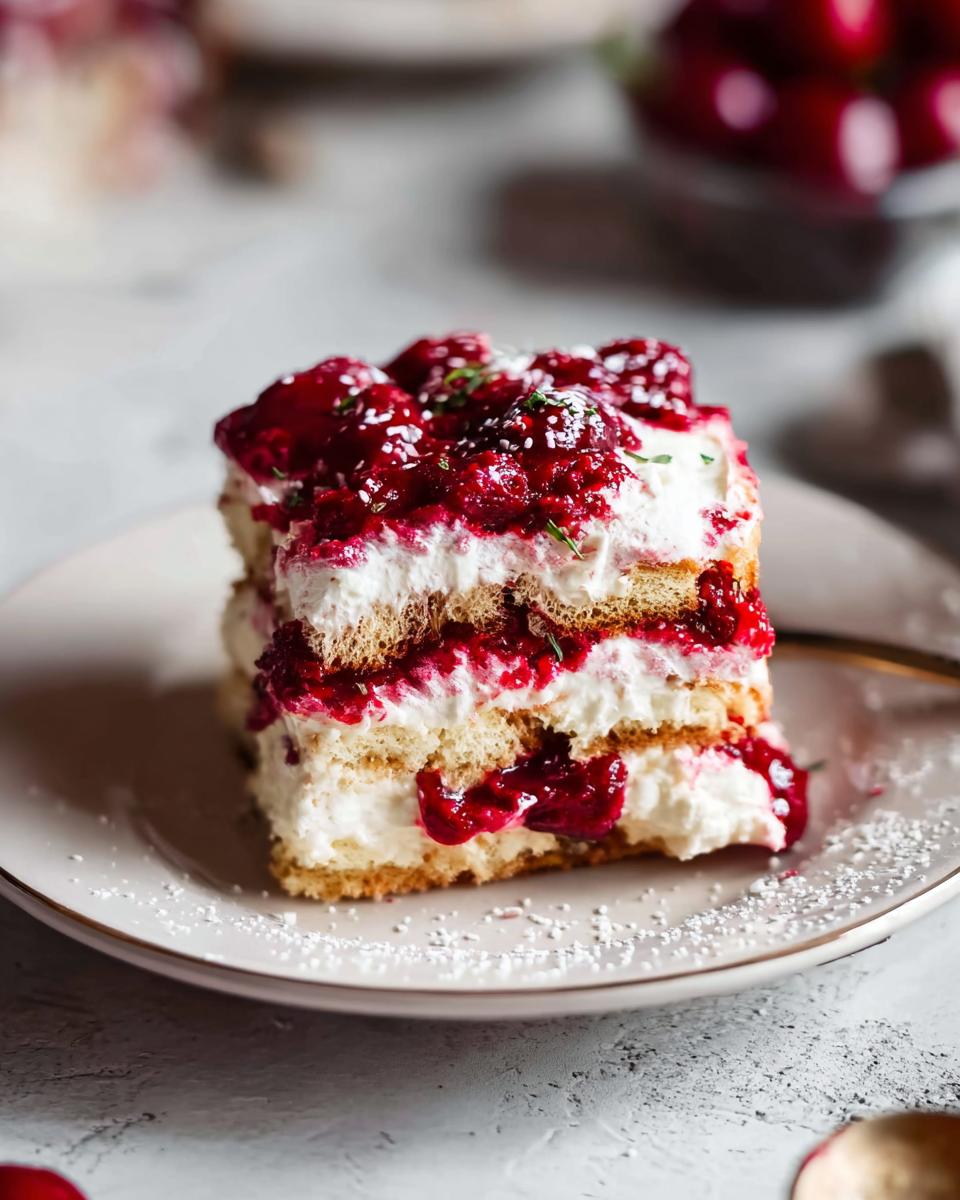 A decadent slice of Cherry Amaretto Tiramisu, featuring layers of ladyfingers, cream, and cherry compote.