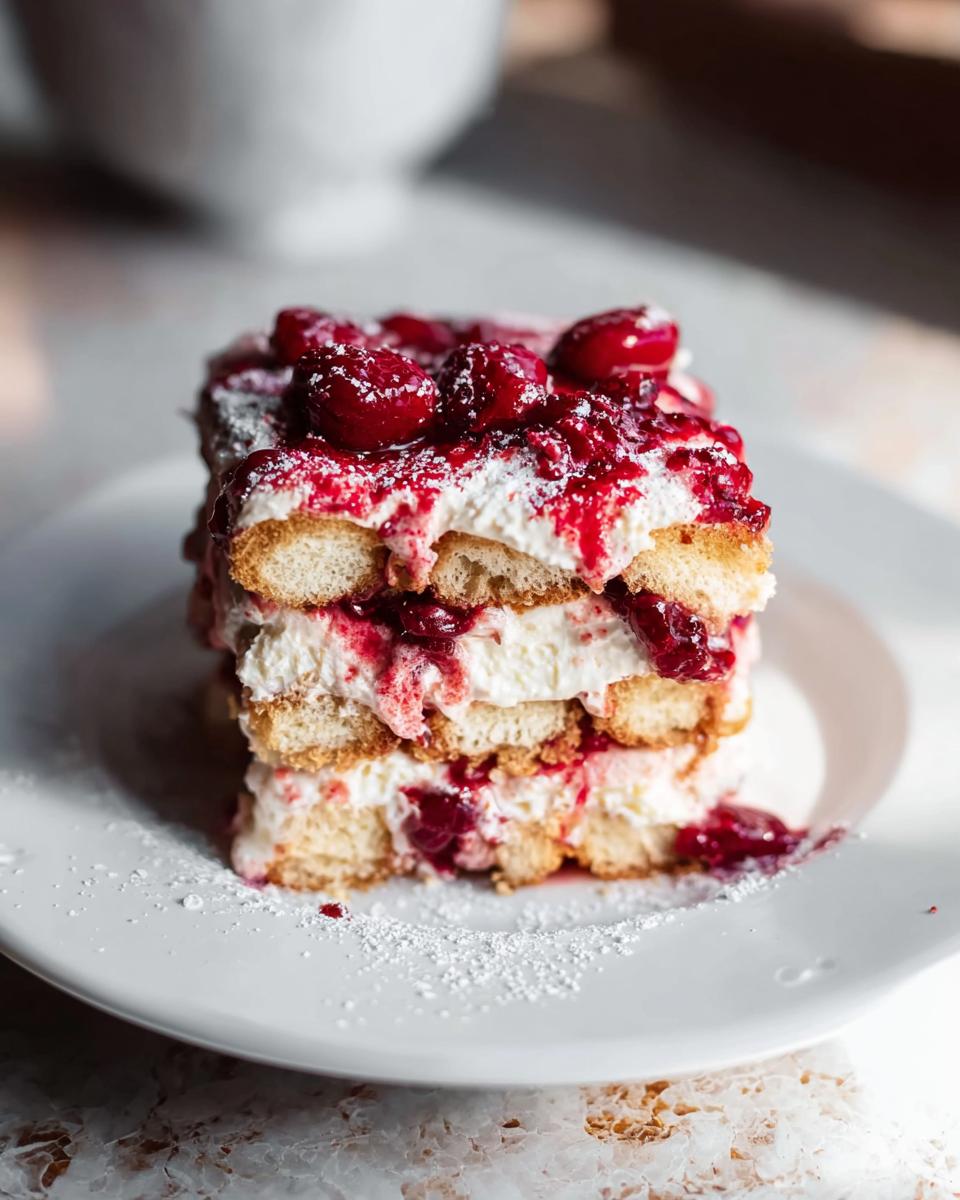 A decadent slice of Cherry Amaretto Tiramisu, layered with ladyfingers, cream, and cherries, dusted with powdered sugar.