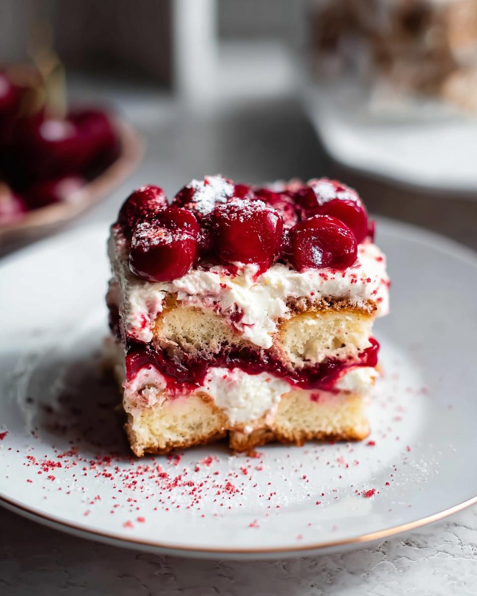 A decadent slice of Cherry Amaretto Tiramisu, layered with ladyfingers, cream, and cherry compote, topped with fresh cherries and powdered sugar.