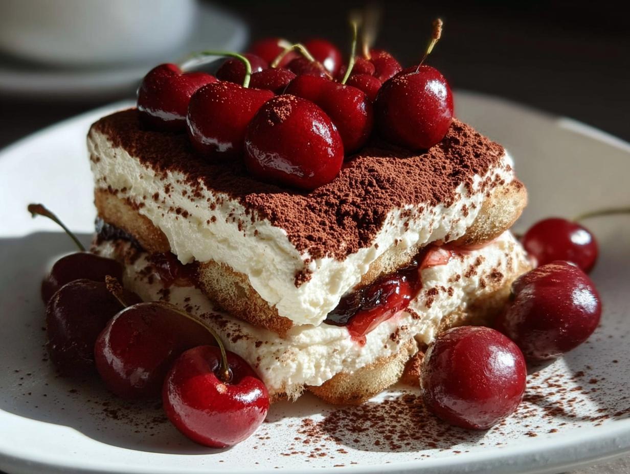 A decadent slice of Cherry Amaretto Tiramisu, layered with cream and ladyfingers, topped with fresh cherries and cocoa powder.