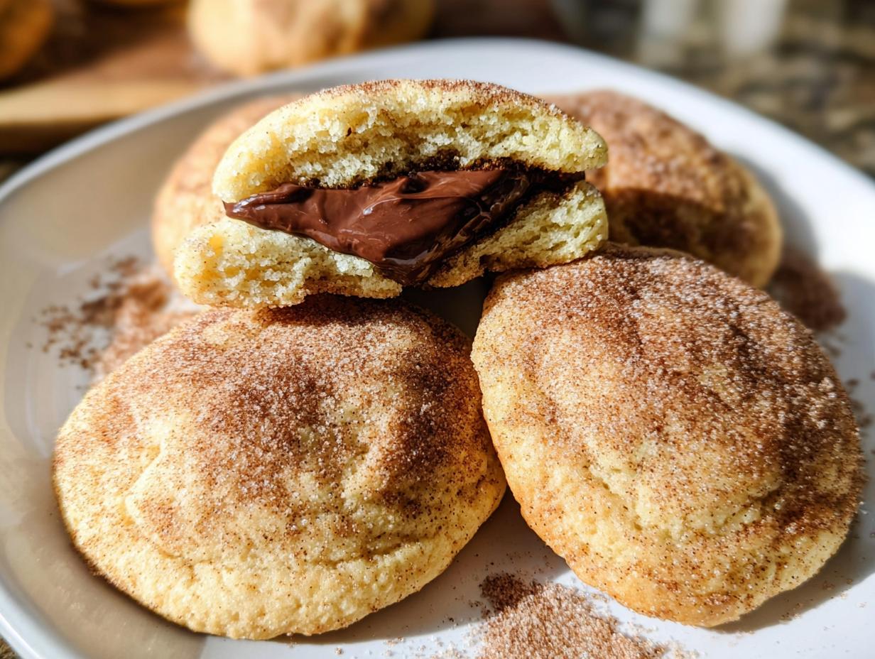 A close-up of a chewy churro cookie sandwich, split open to reveal a rich chocolate filling.