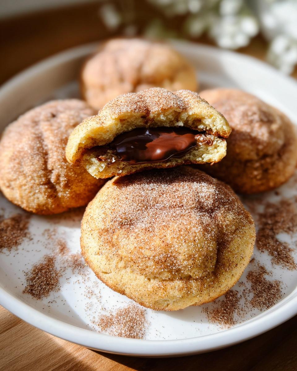 A close-up of a chewy churro cookie, broken in half to reveal a gooey chocolate filling. Several other churro cookies are visible in the background.