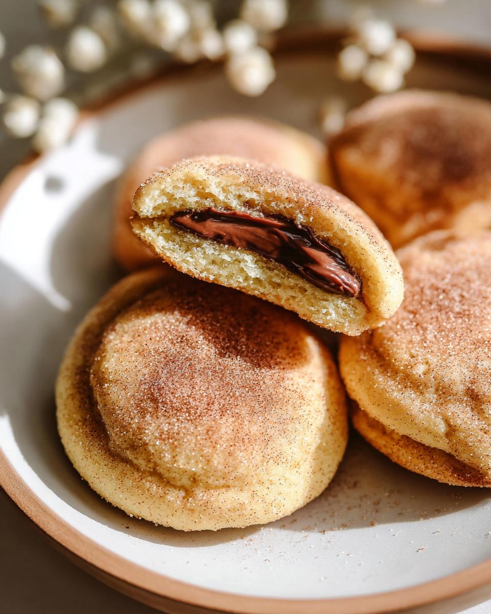 Close-up of a chewy churro cookie, split open to reveal a rich chocolate filling.