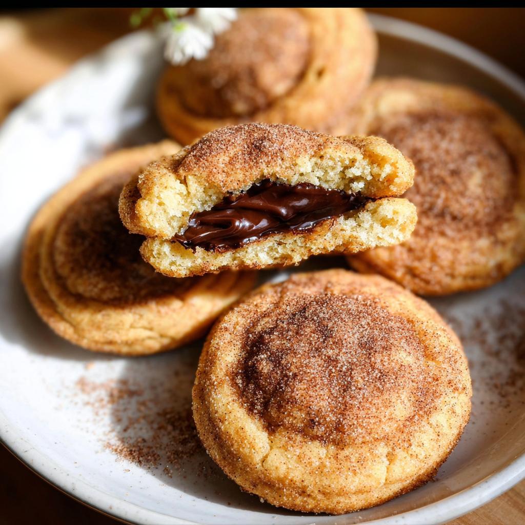 A close-up of a chewy churro cookie, split open to reveal a rich chocolate filling. Other cookies are visible in the background.