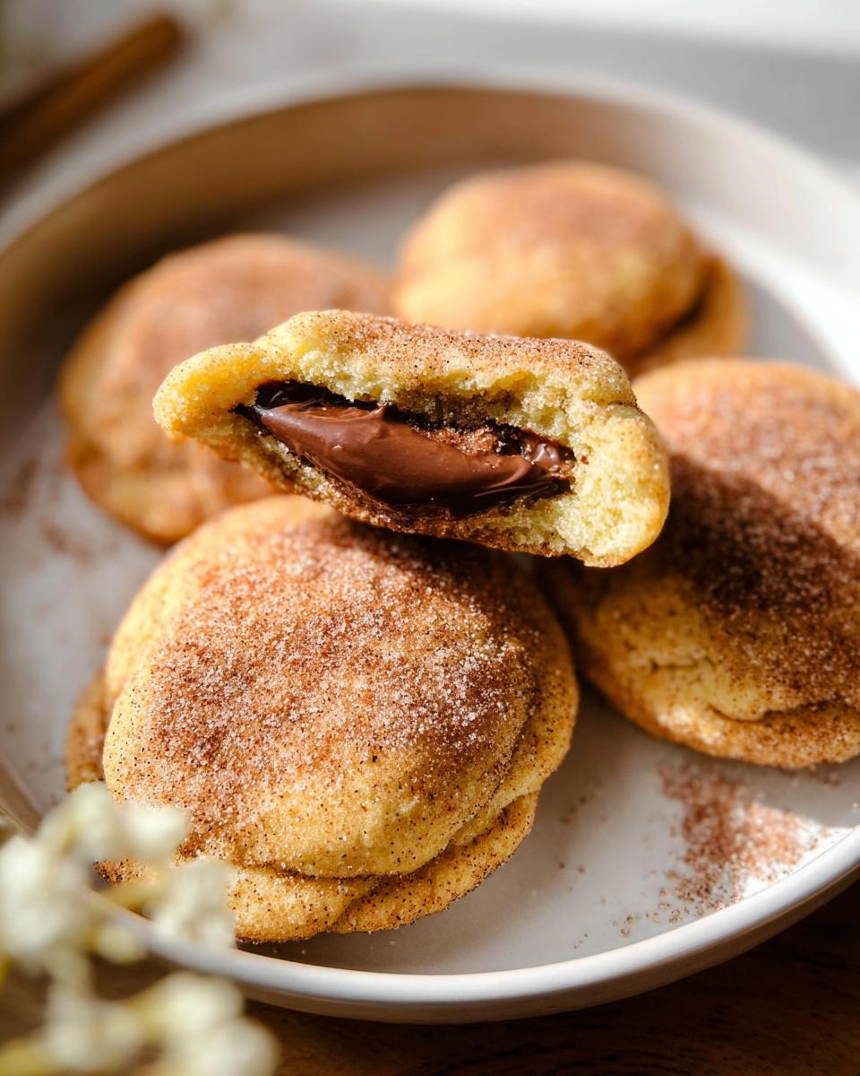 A close-up of a chewy churro cookie, broken in half to reveal a rich chocolate filling. Other cookies are visible in the background.
