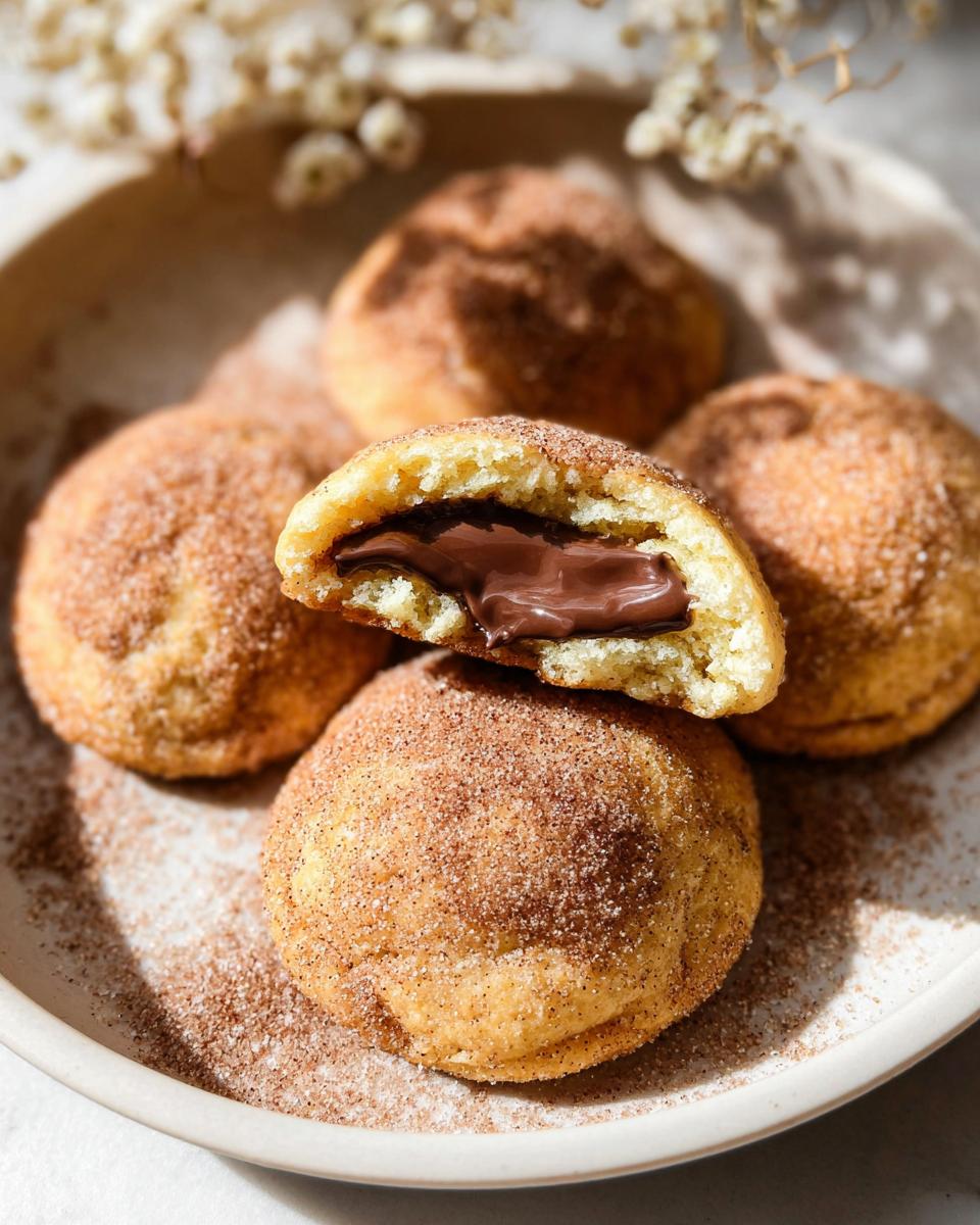 A close-up of chewy churro cookies, one broken in half to reveal a rich chocolate filling.