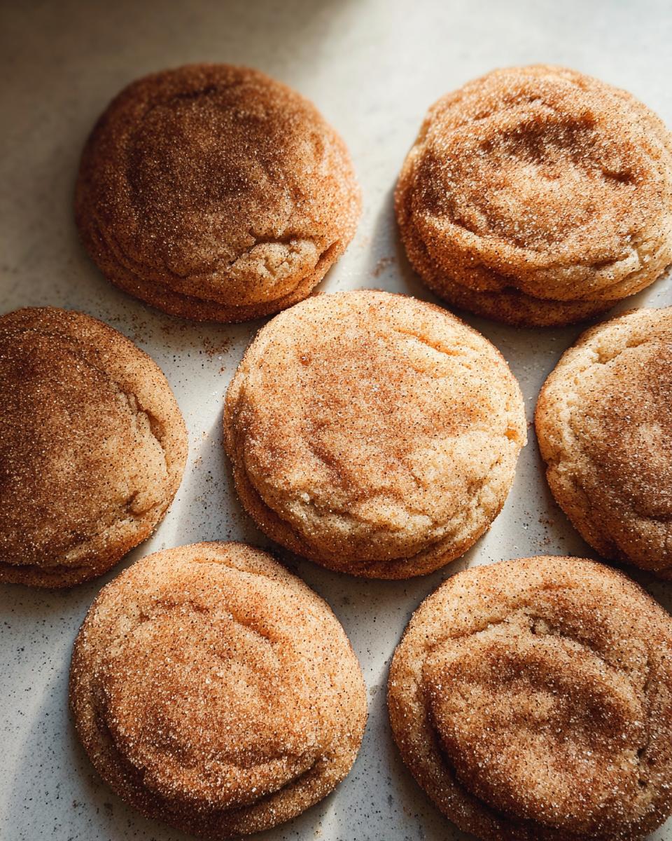 A close-up overhead shot of several freshly baked chewy churro cookies, generously coated in cinnamon sugar.