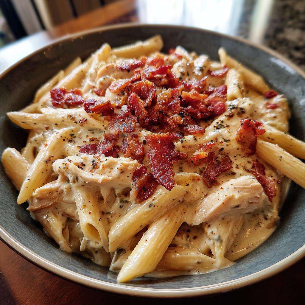 A close-up of creamy Chicken Bacon Ranch Penne pasta in a bowl, topped with crispy bacon.
