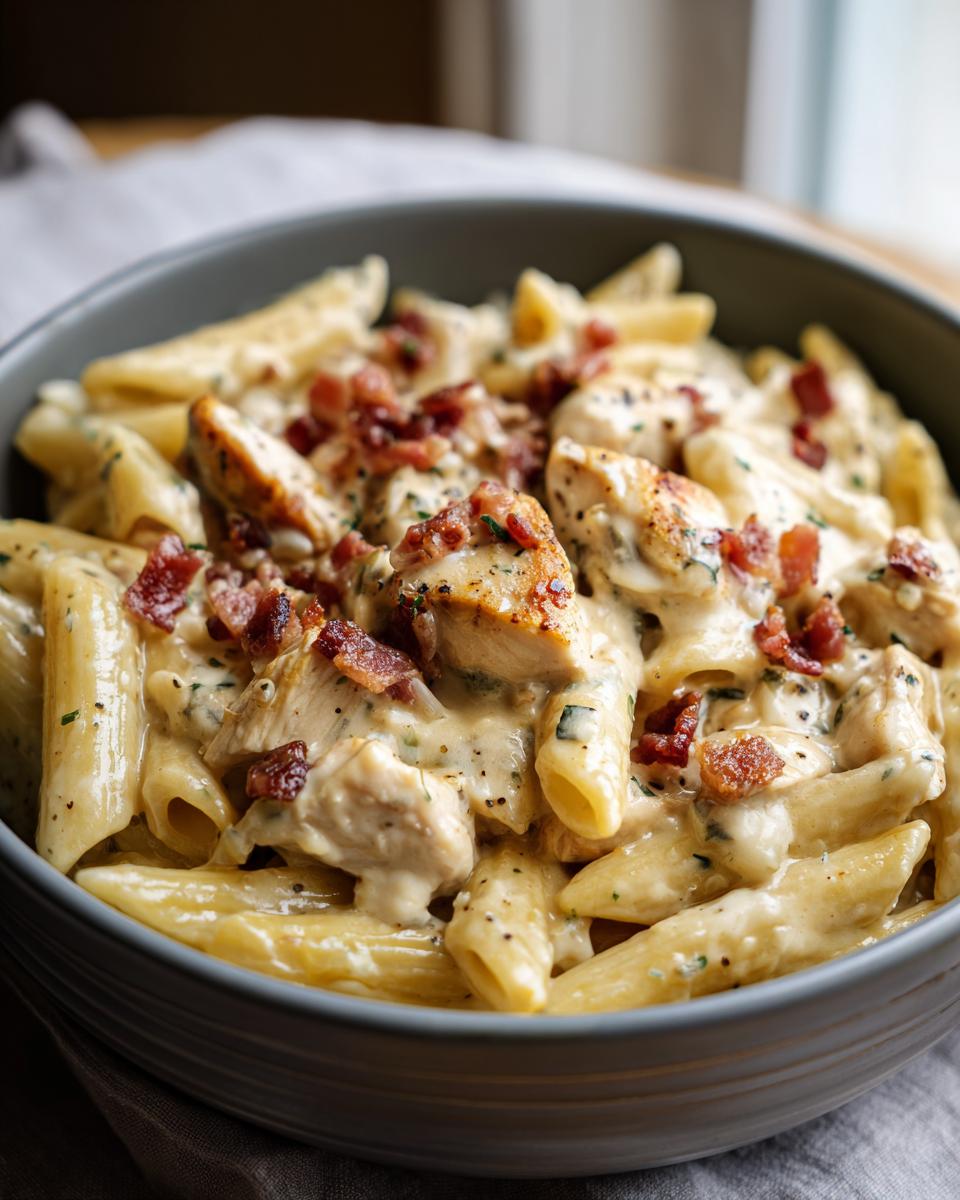 A bowl of creamy Chicken Bacon Ranch Penne pasta, topped with crispy bacon and herbs.