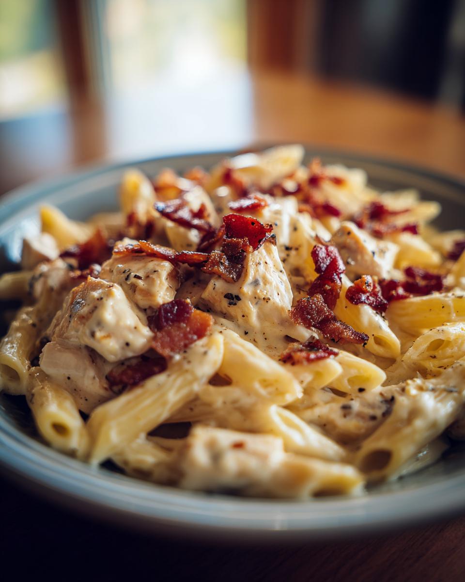 A close-up of creamy Chicken Bacon Ranch Penne pasta, topped with crispy bacon pieces.