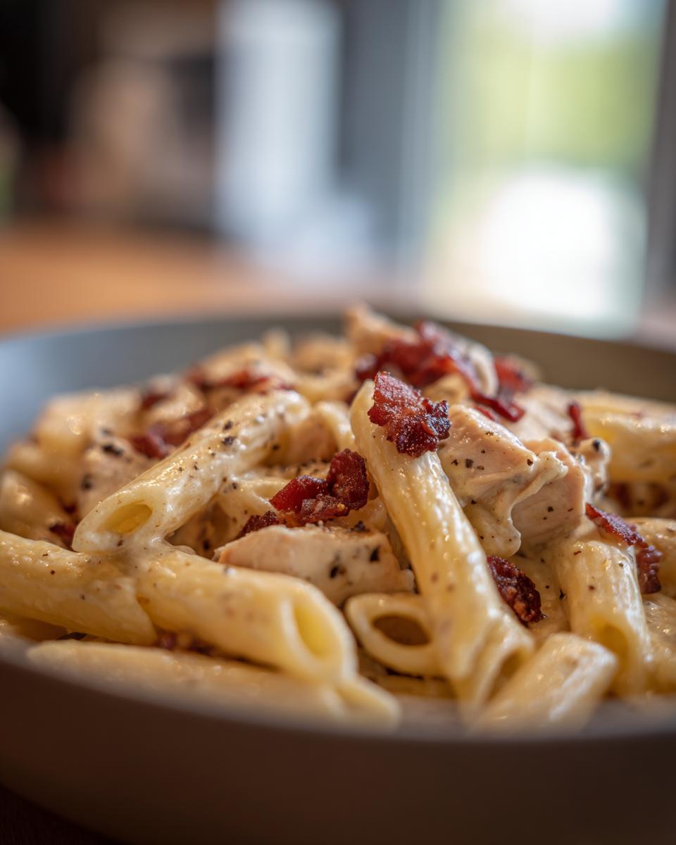 Close-up of creamy Chicken Bacon Ranch Penne pasta, topped with crispy bacon bits and black pepper.