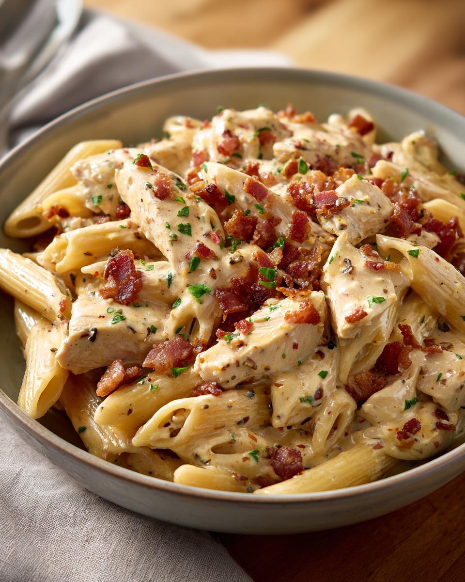 A close-up of creamy Chicken Bacon Ranch Penne pasta, topped with crispy bacon bits and parsley.