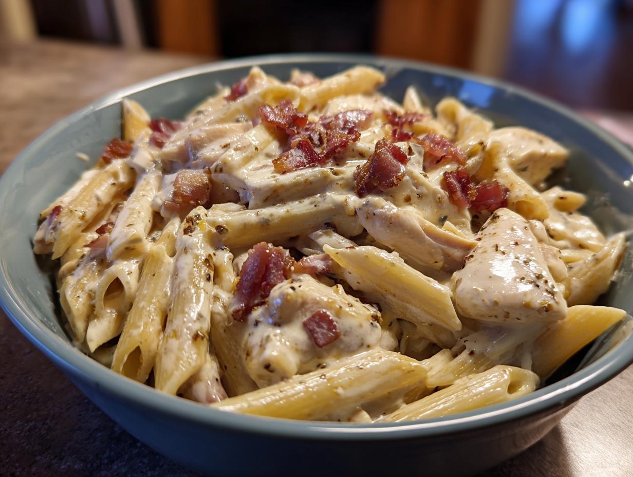 A close-up of a bowl filled with creamy Chicken Bacon Ranch Penne Pasta, topped with crispy bacon bits.