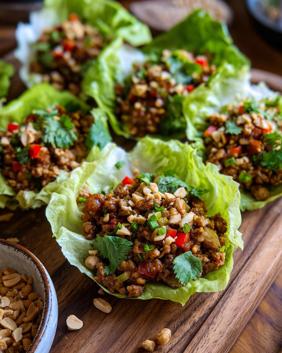 Close-up of fresh chicken lettuce wraps, a healthy lunch idea, topped with peanuts and cilantro.