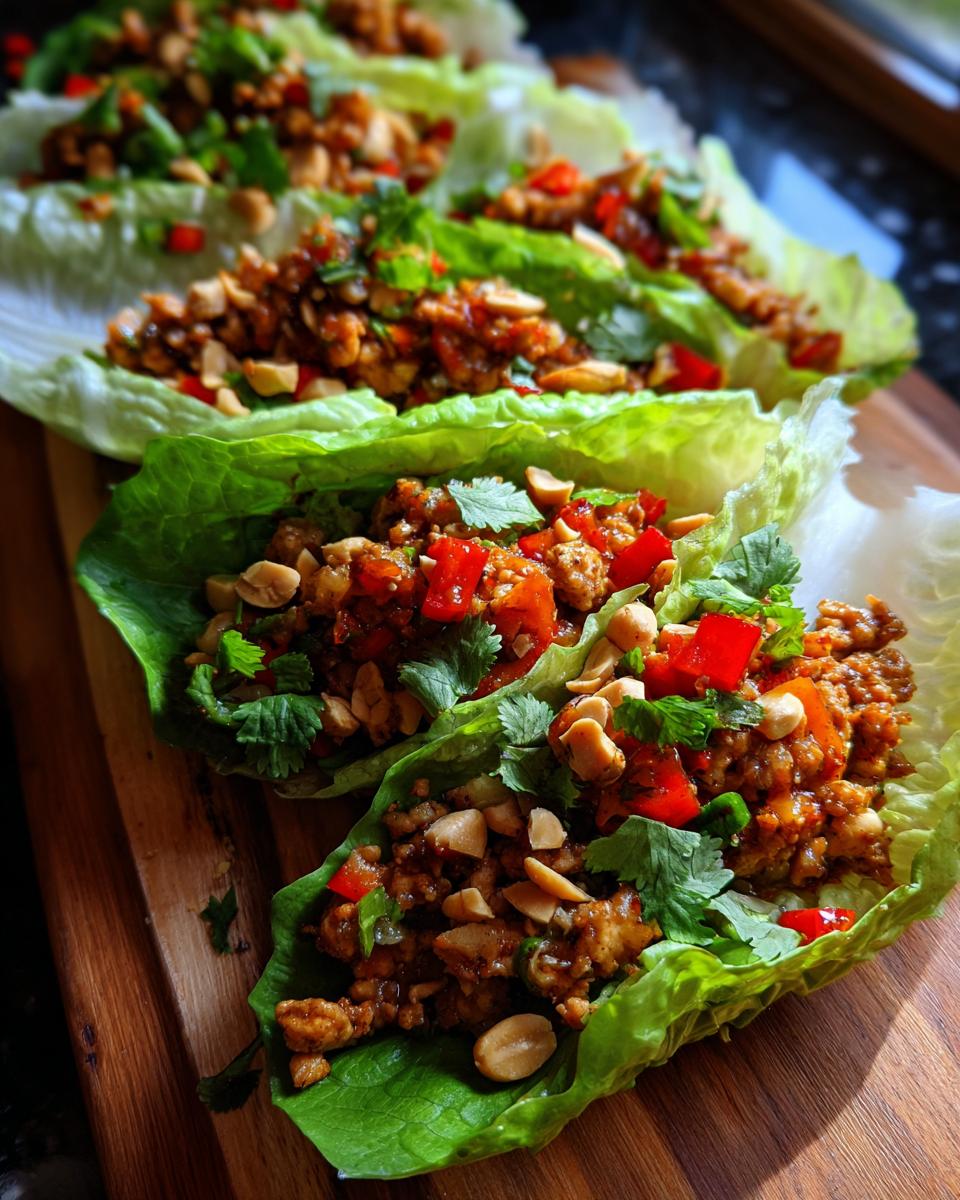 Close-up of fresh chicken lettuce wraps filled with seasoned chicken, red peppers, peanuts, and cilantro.