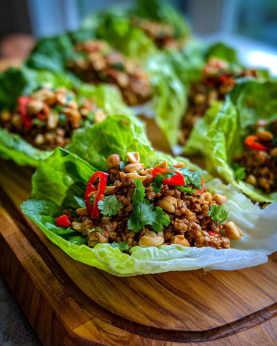 Close-up of fresh chicken lettuce wraps, a healthy lunch idea, topped with peanuts, cilantro, and chili.