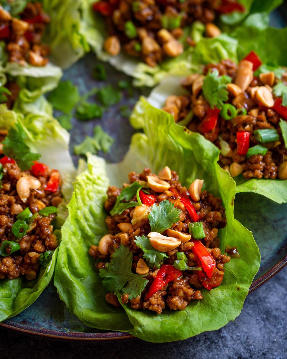 Close-up of delicious chicken lettuce wraps filled with savory ground chicken, peanuts, and red peppers.