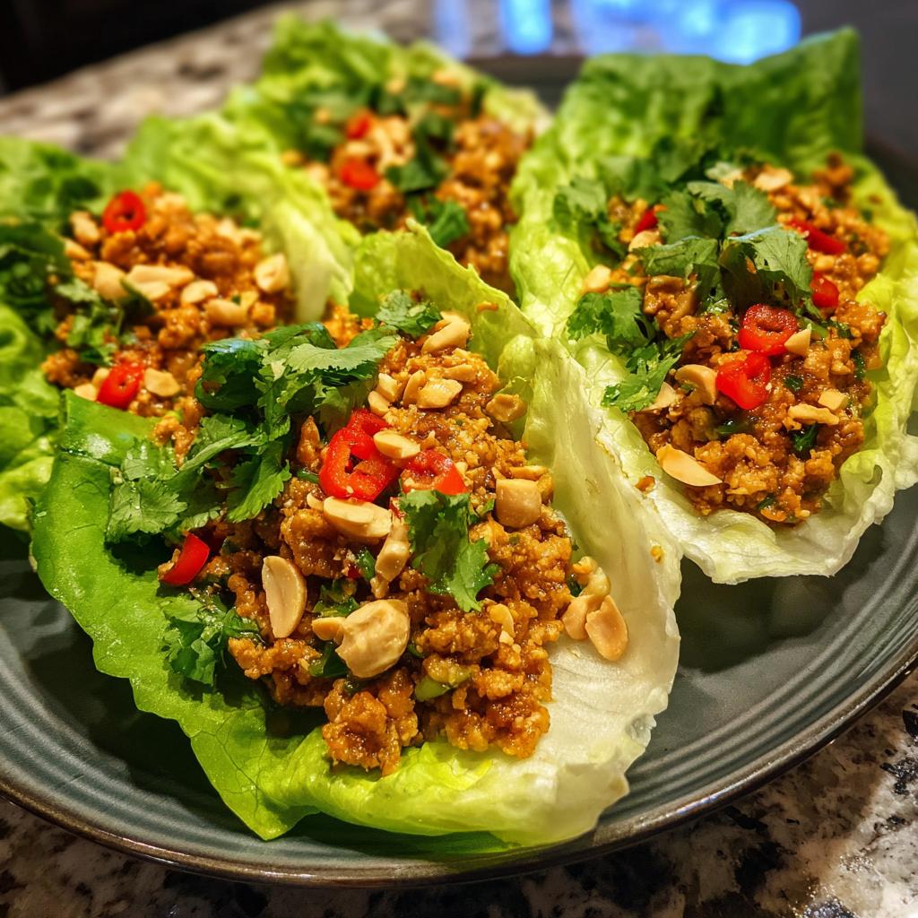 Close-up of fresh chicken lettuce wraps, topped with peanuts, chili, and cilantro, perfect for healthy lunch ideas.