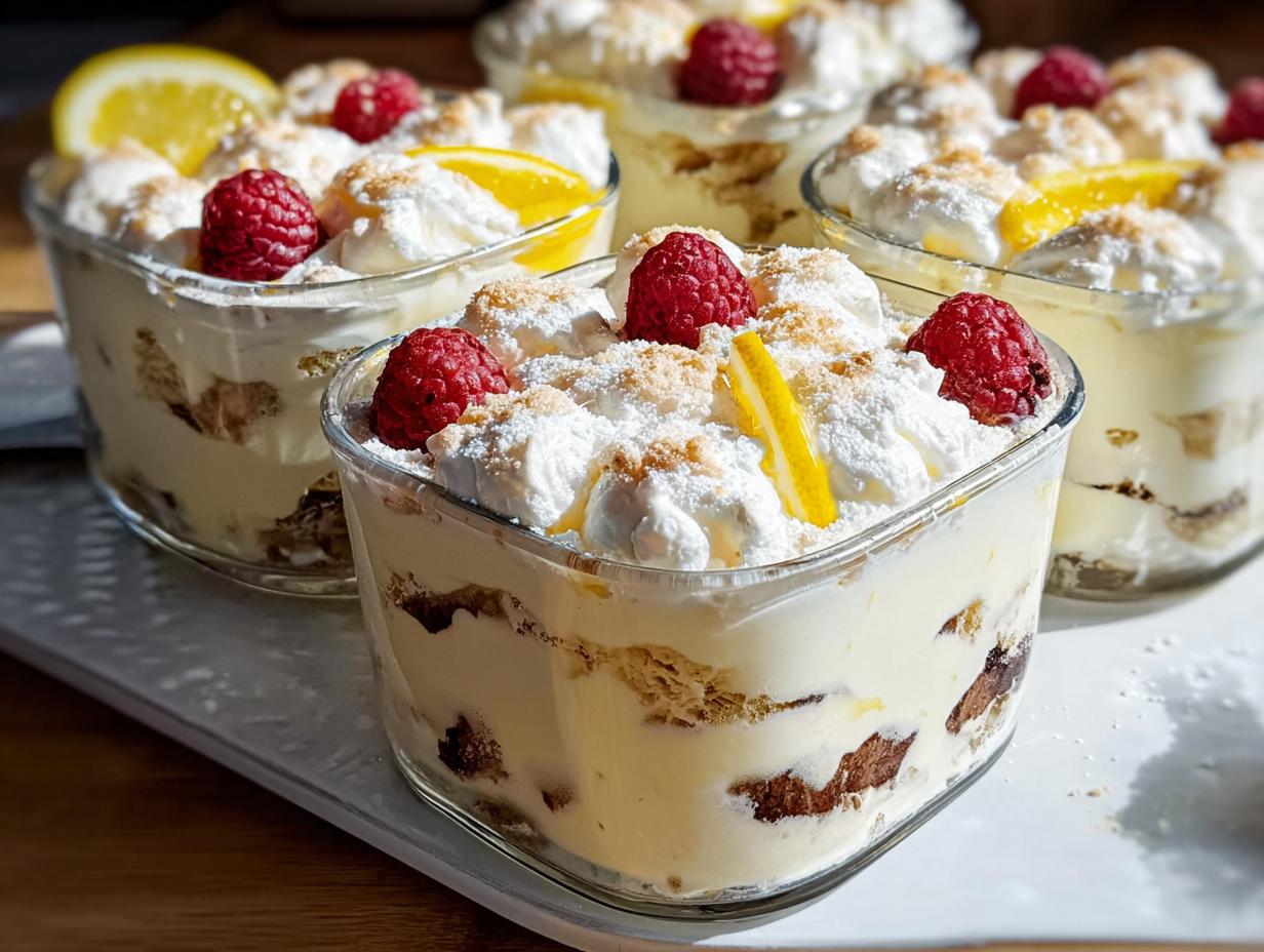 Individual servings of Chocolade Lasagne dessert in glass bowls, topped with whipped cream, raspberries, and lemon slices.