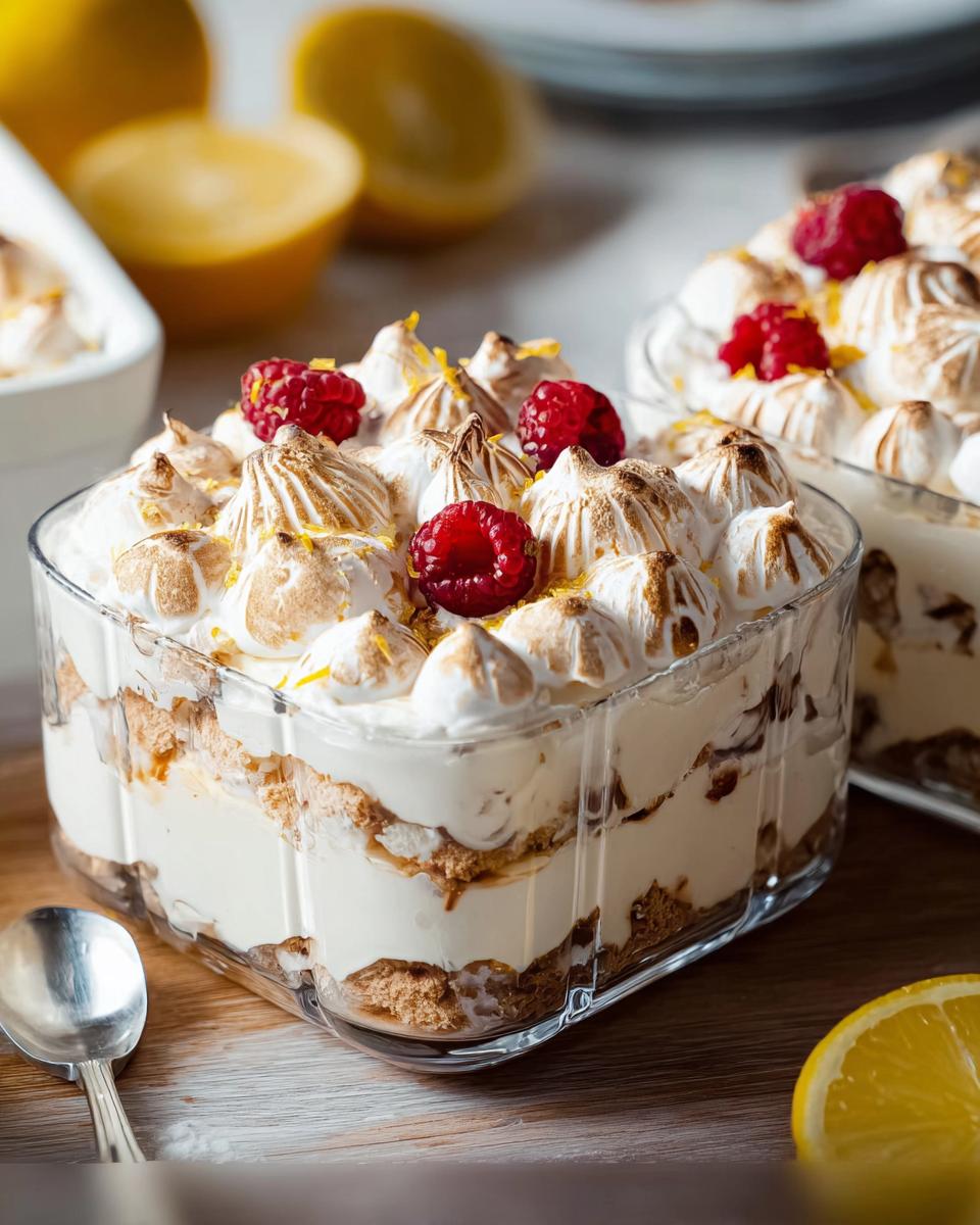 A close-up of a layered Chocolade Lasagne dessert in a glass dish, topped with toasted meringue, raspberries, and lemon zest.