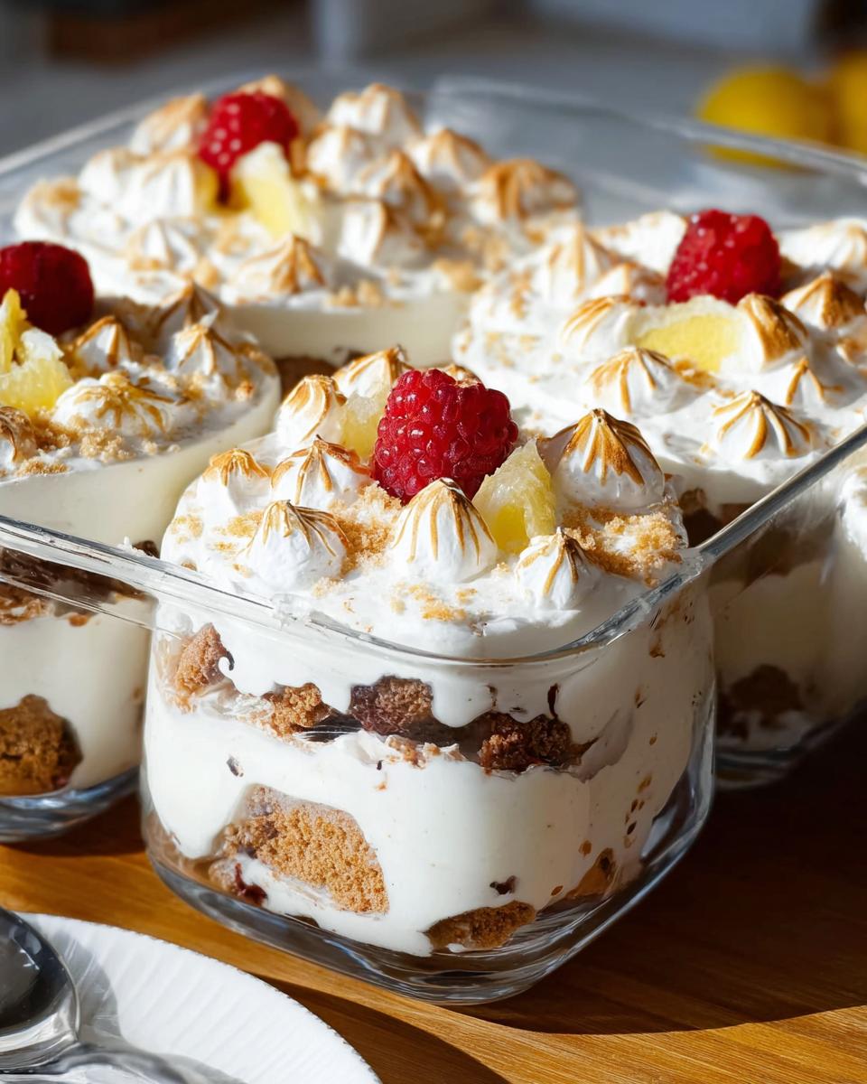 Individual servings of Chocolade Lasagne dessert in glass dishes, topped with toasted meringue, raspberries, and lemon pieces.