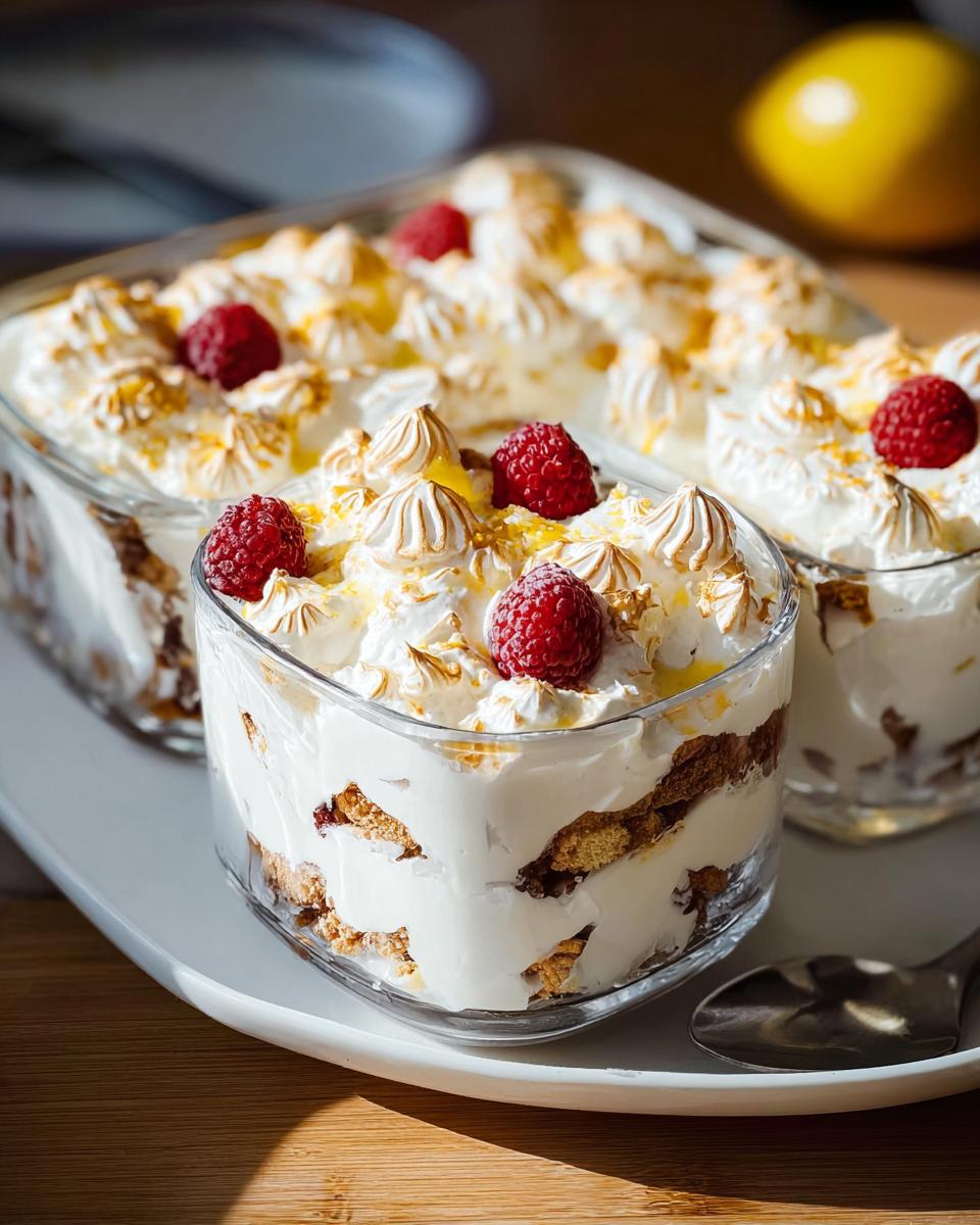 Chocolade Lasagne dessert layered with cream, cookies, and topped with meringue and raspberries.