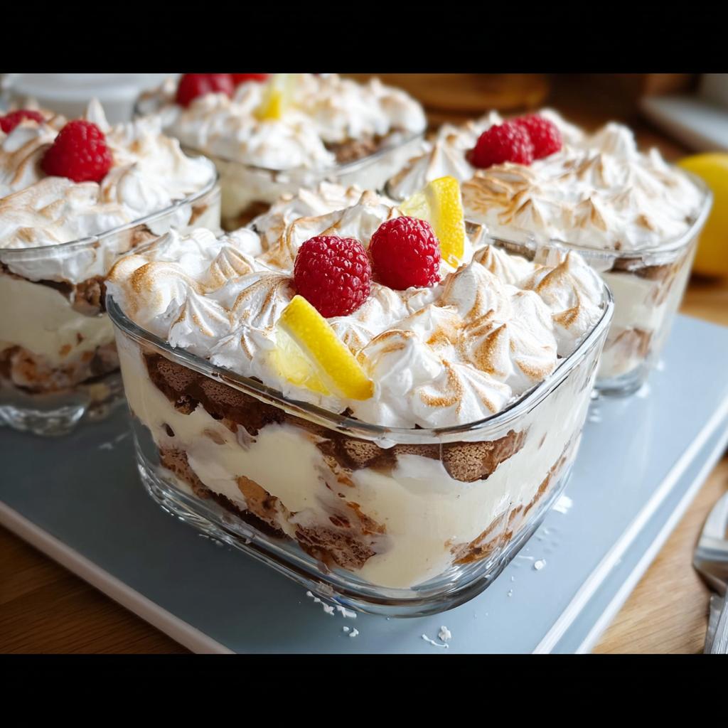 Close-up of individual servings of Chocolade Lasagne dessert, topped with meringue, raspberries, and lemon slices.