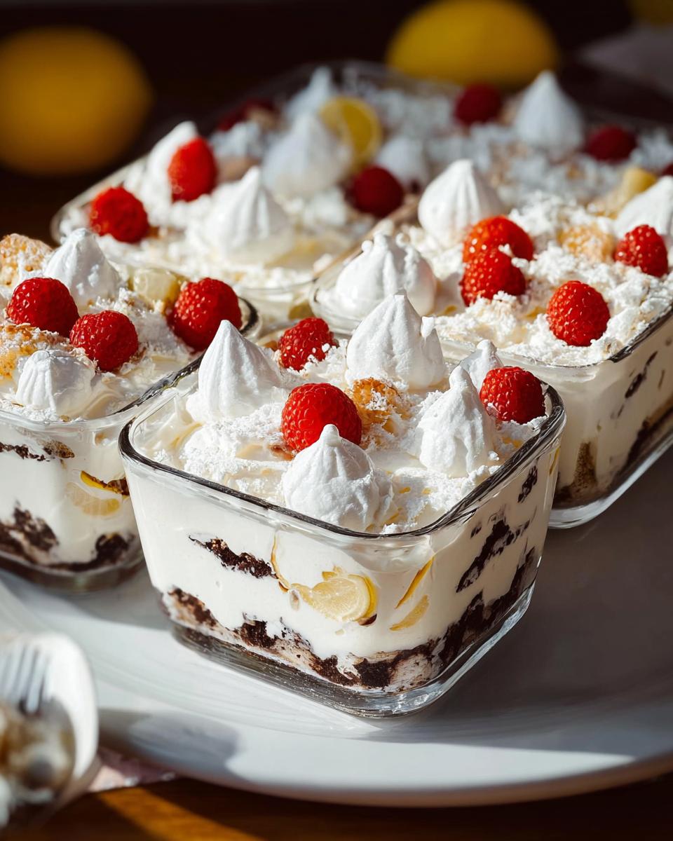 Close-up of individual servings of Chocolade Lasagne, layered with cream, chocolate crumbs, and raspberries.