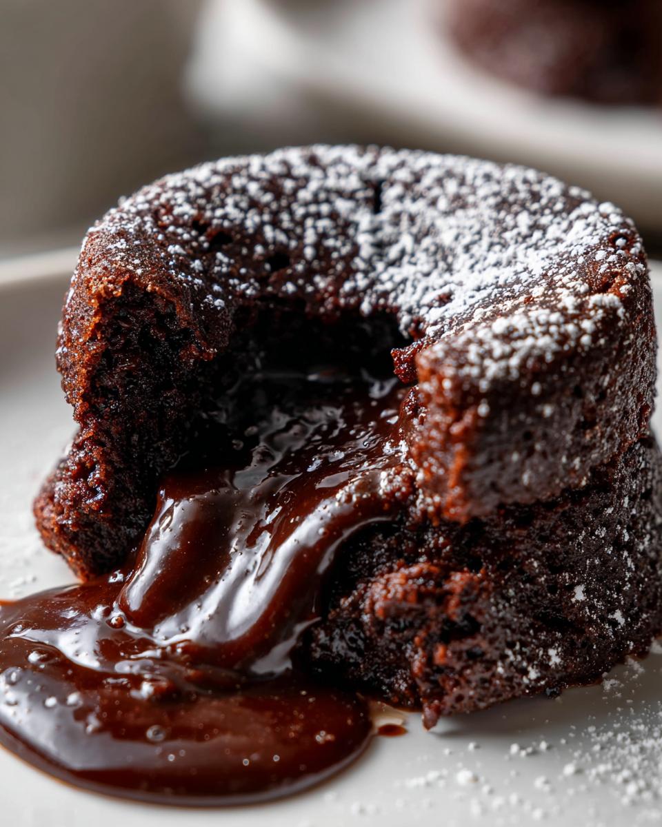 Close-up of a chocolate lava cake with molten chocolate oozing out, dusted with powdered sugar.