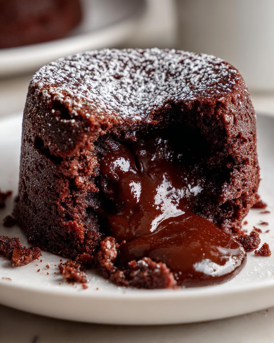 A decadent chocolate lava cake with molten chocolate oozing out, dusted with powdered sugar. Perfect for dessert recipes.