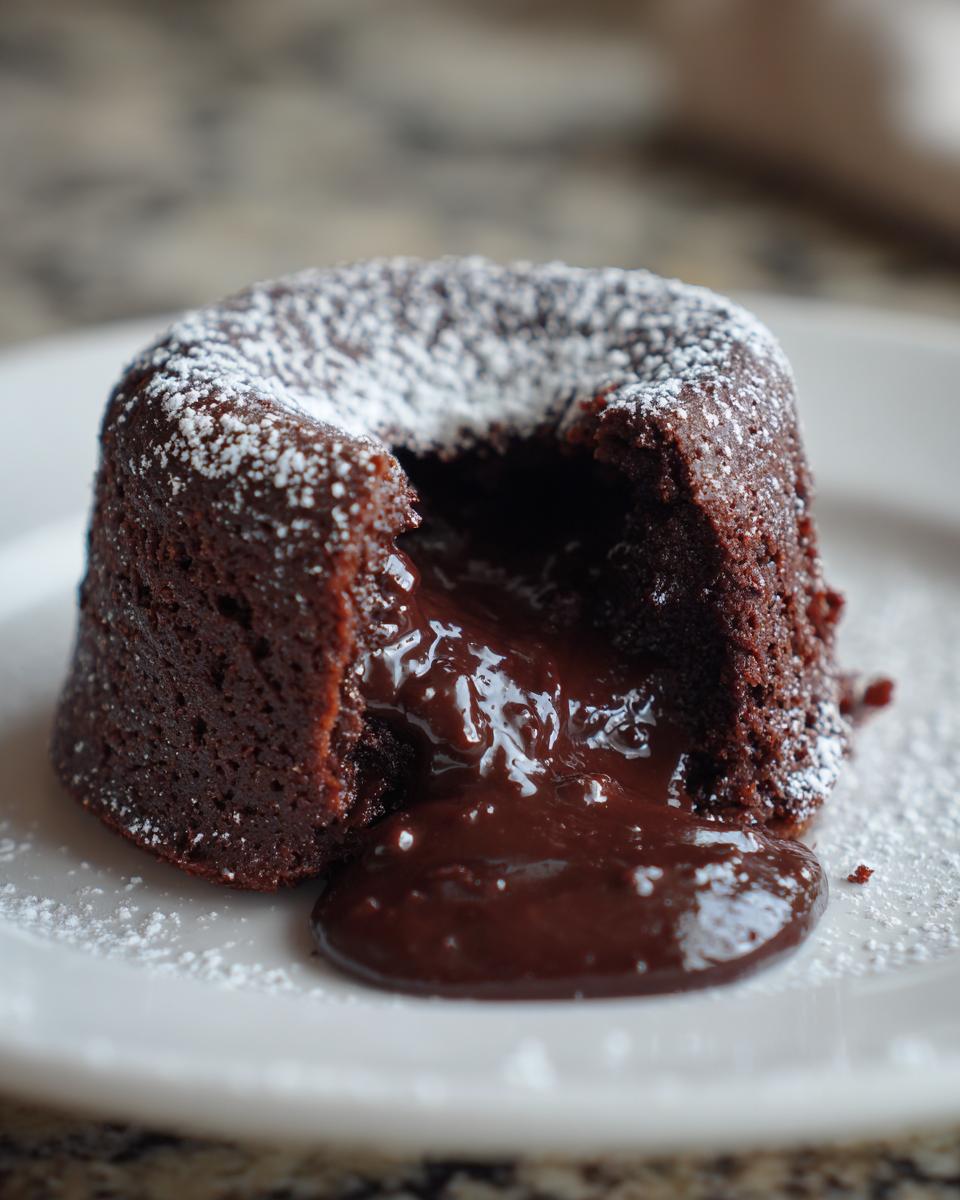 A close-up of a chocolate lava cake, dusted with powdered sugar, with a molten chocolate center oozing out.