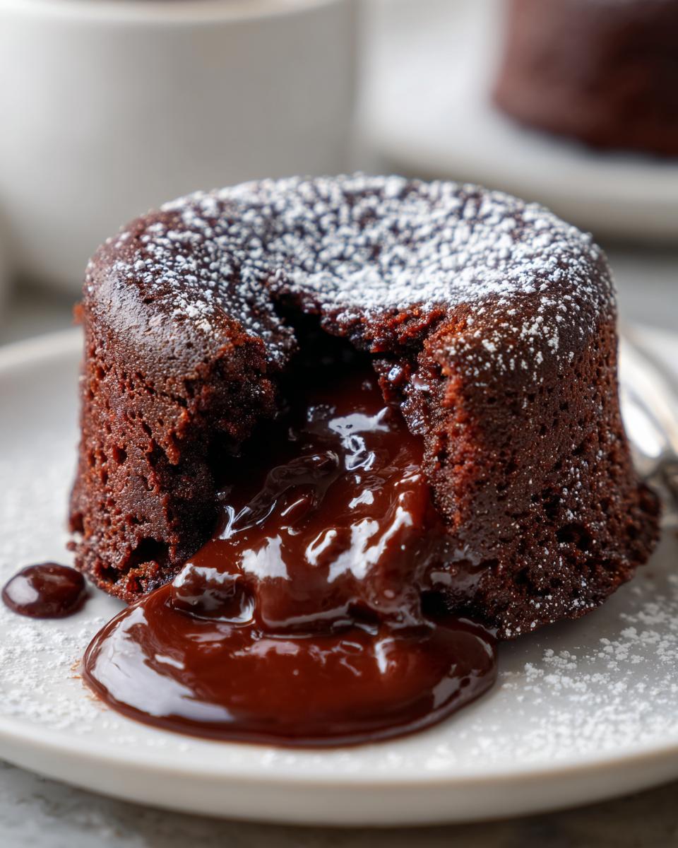 Close-up of a rich chocolate lava cake, dusted with powdered sugar, with molten chocolate oozing from its center.
