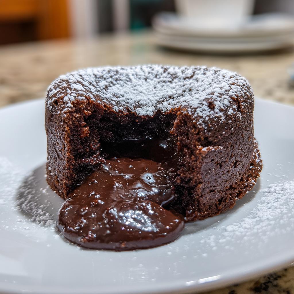A close-up of a chocolate lava cake, dusted with powdered sugar, with its molten chocolate center oozing out.