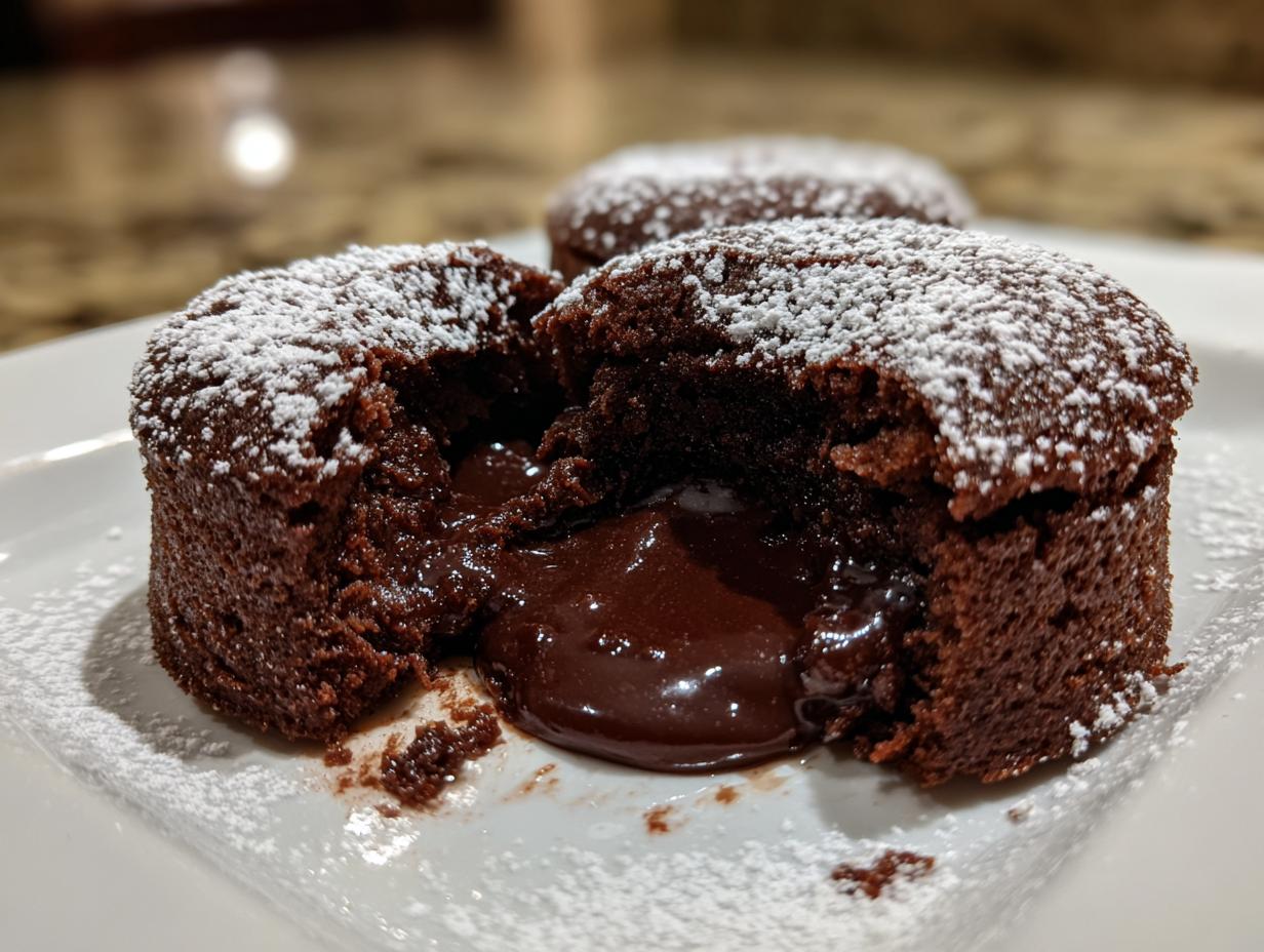 Close-up of a chocolate lava cake, oozing with molten chocolate, dusted with powdered sugar.
