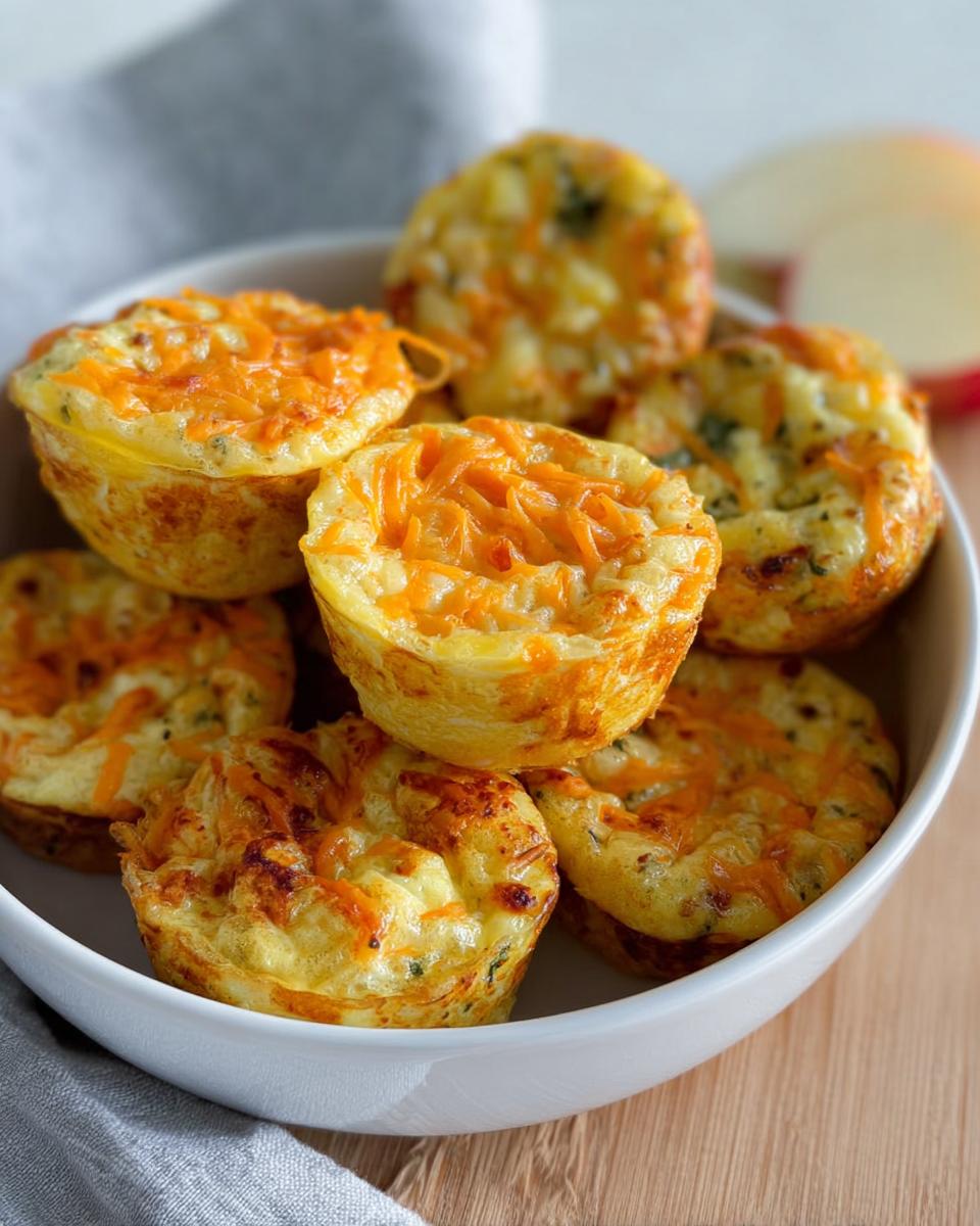 A white bowl filled with golden-brown Cinnamon Apple Cottage Cheese Bites topped with shredded orange cheese.