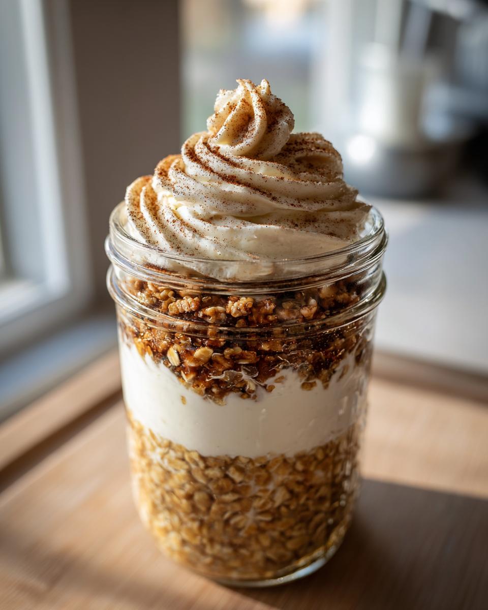 Close-up of Cinnamon Roll Overnight Oats in a mason jar, topped with whipped cream and cinnamon.
