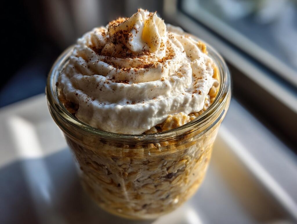 Close-up of cinnamon roll overnight oats in a jar topped with whipped cream and cinnamon.