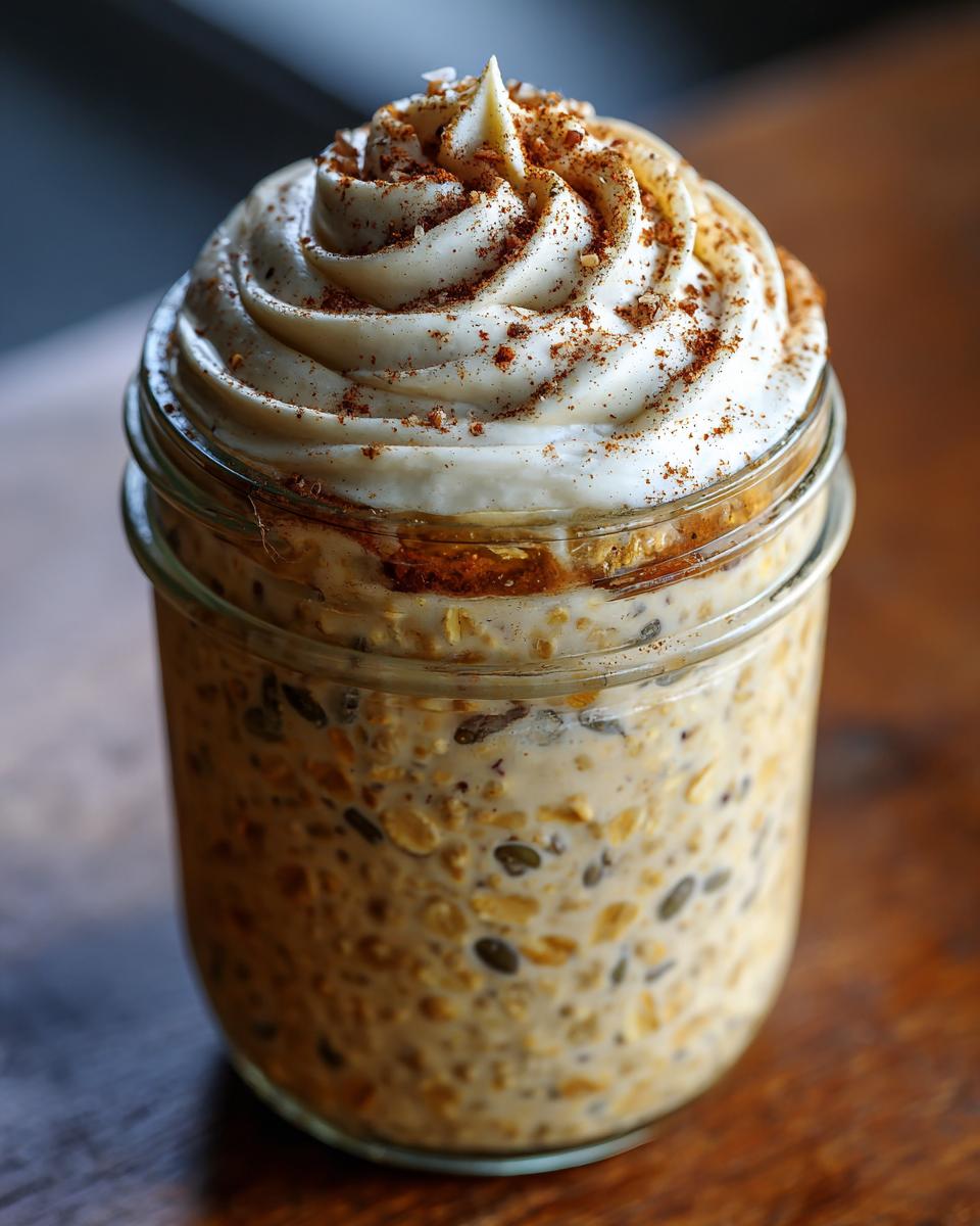 A jar of cinnamon roll overnight oats topped with whipped cream and cinnamon.