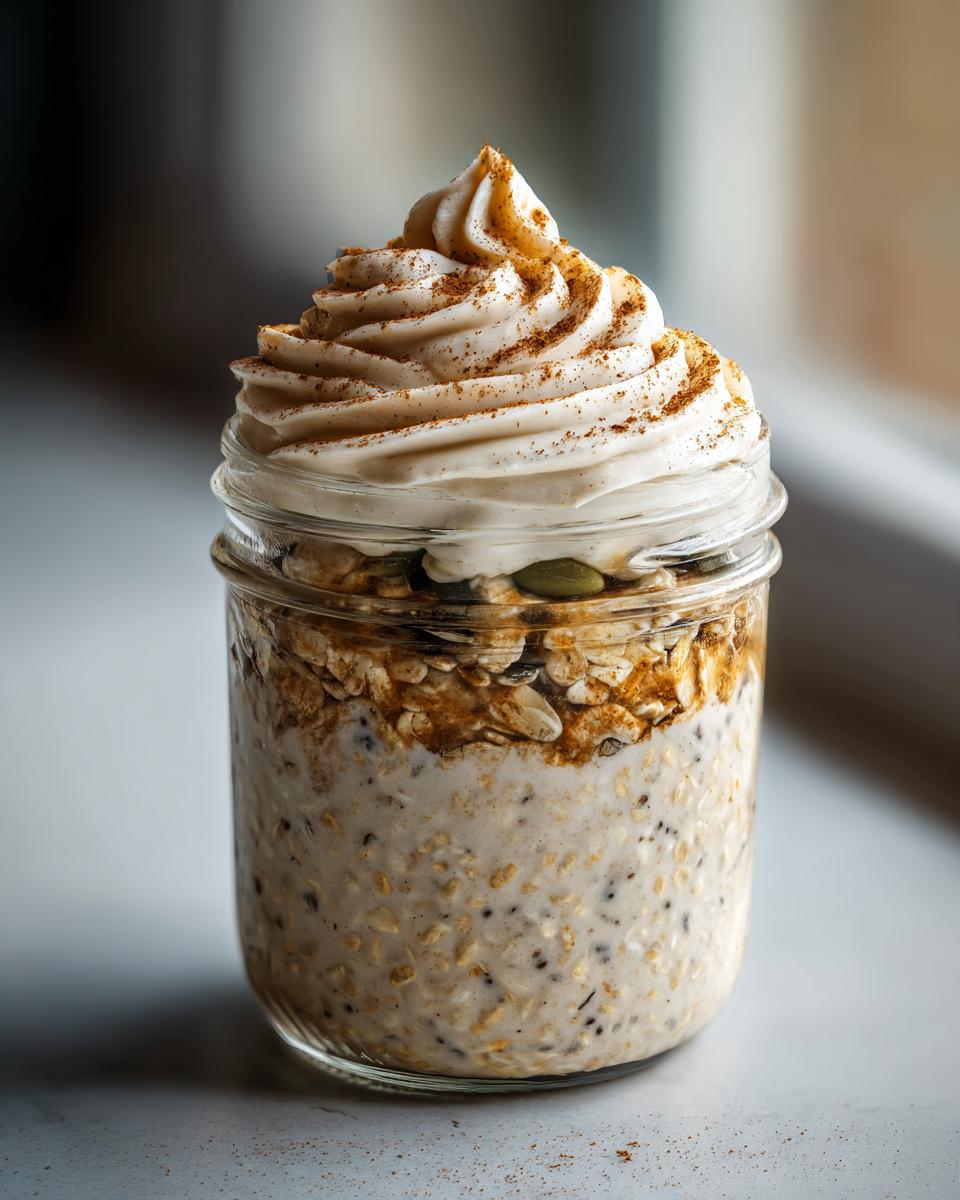 A close-up of a jar filled with cinnamon roll overnight oats, topped with whipped cream and cinnamon.