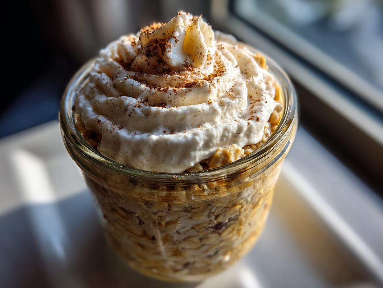 Close-up of cinnamon roll overnight oats in a jar topped with whipped cream and cinnamon.